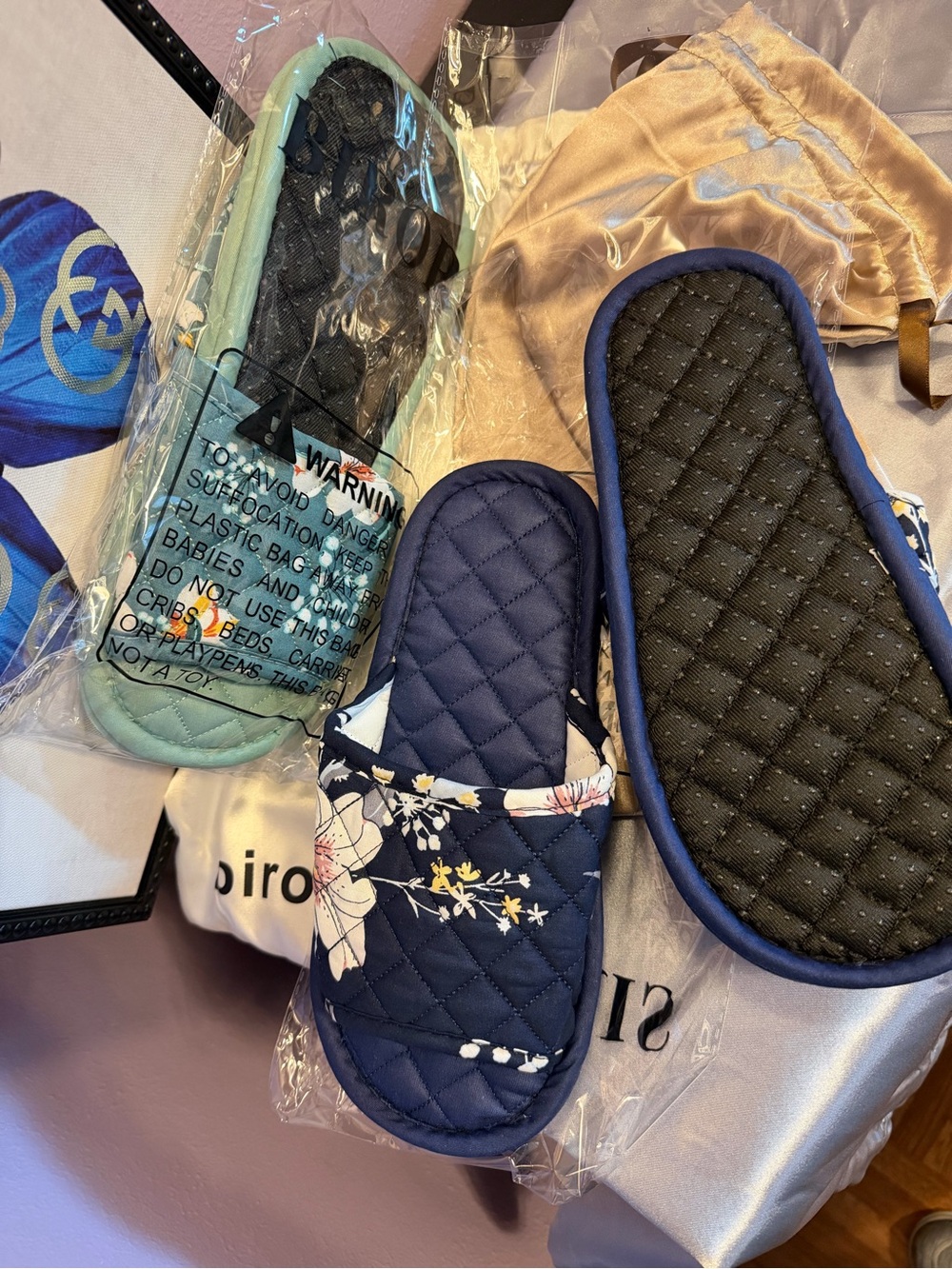 Floral Slide Slippers in Navy and Mint Set of 2 - Picture 3 of 3